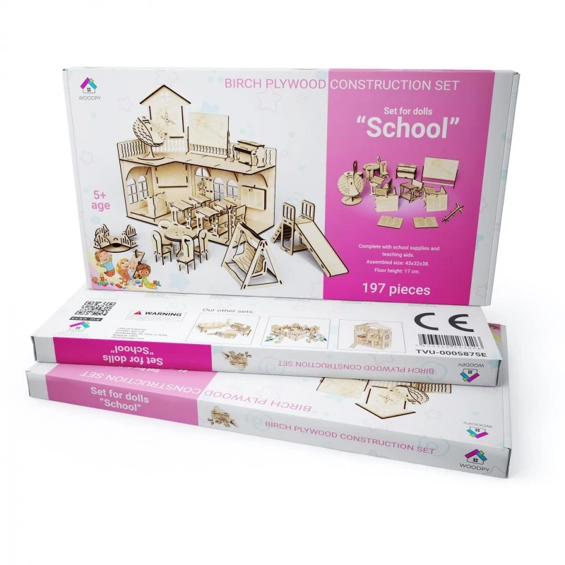 Дървен комплект WOODPY "Училище" за кукли, сглобяем, 197 части